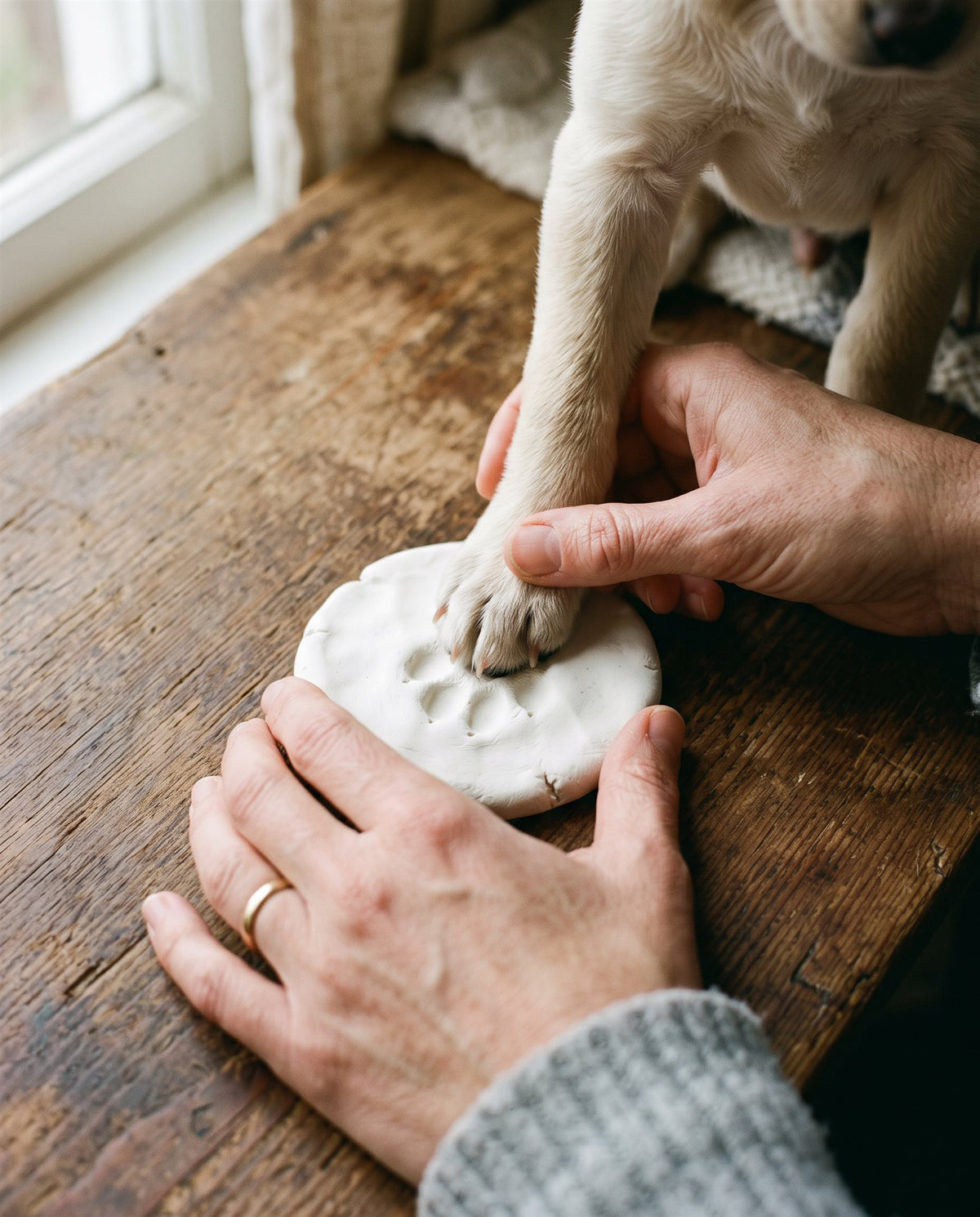 Manos presionando con suavidad la pata de un perro sobre la arcilla
