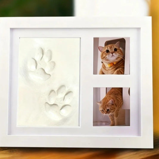 Marco blanco con dos huellas de patas en arcilla y dos fotos de un gato