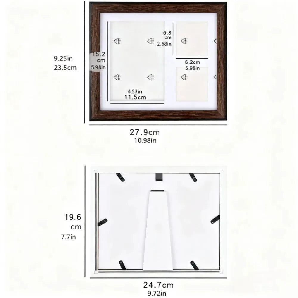 Medidas del marco: 27,9 x 23,5 cm, hueco para la huella de 11,5 x 15,2 cm y huecos para fotos de 6,2 x 6,8 cm