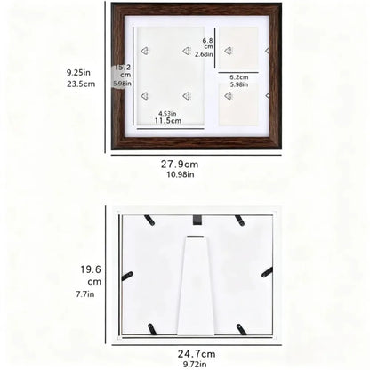 Medidas del marco: 27,9 x 23,5 cm, hueco para la huella de 11,5 x 15,2 cm y huecos para fotos de 6,2 x 6,8 cm