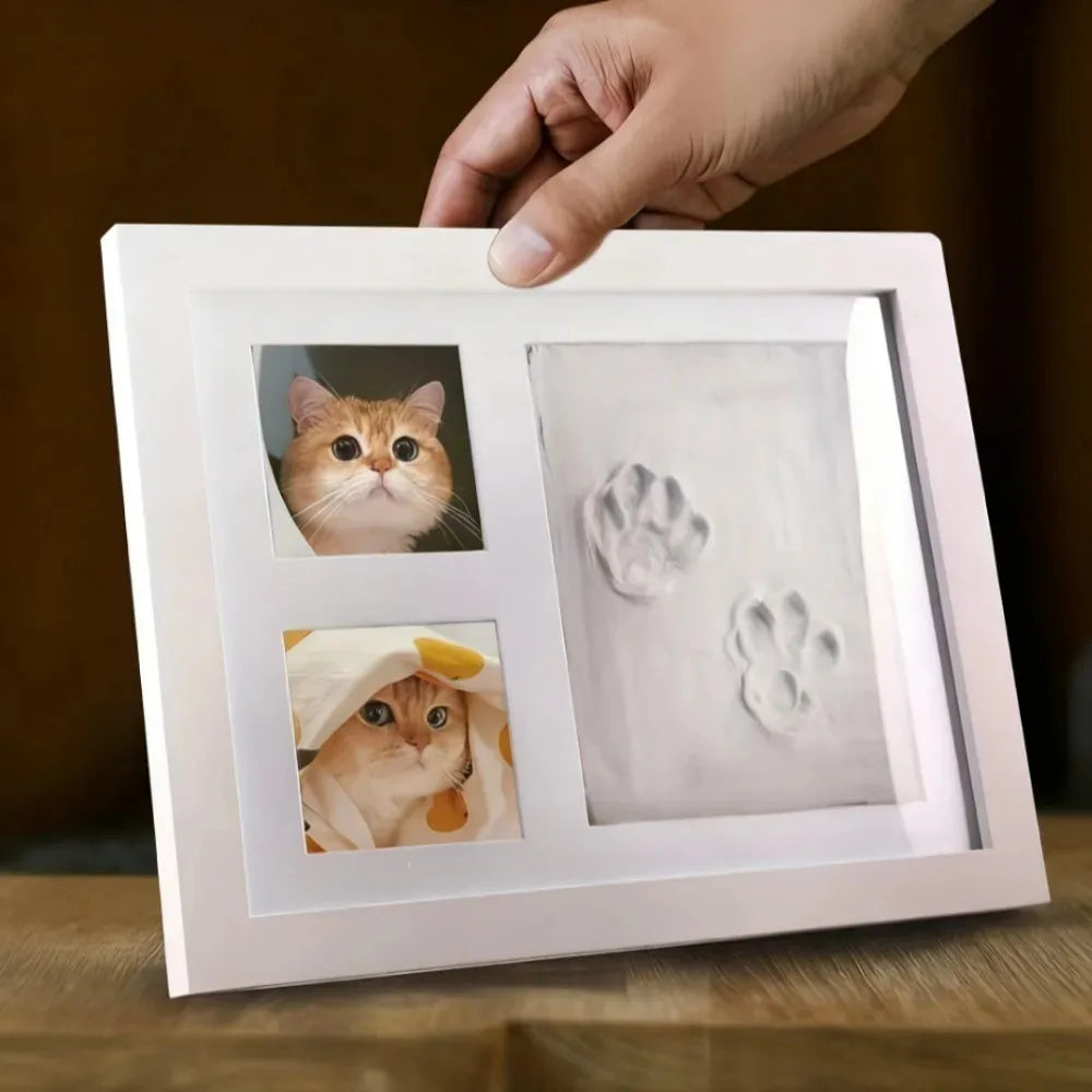 Mano sujetando el marco blanco con huellas de patas y dos fotos de un gato