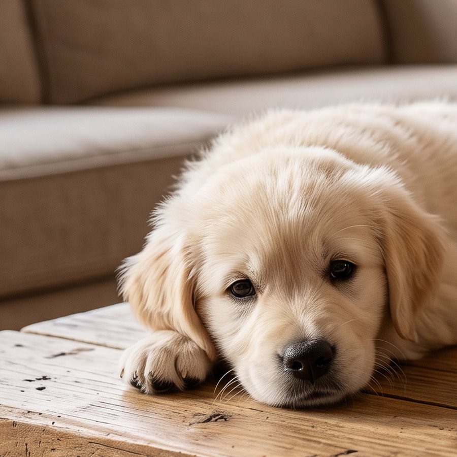 Cachorro de golden retriever tumbado sobre una mesa de madera