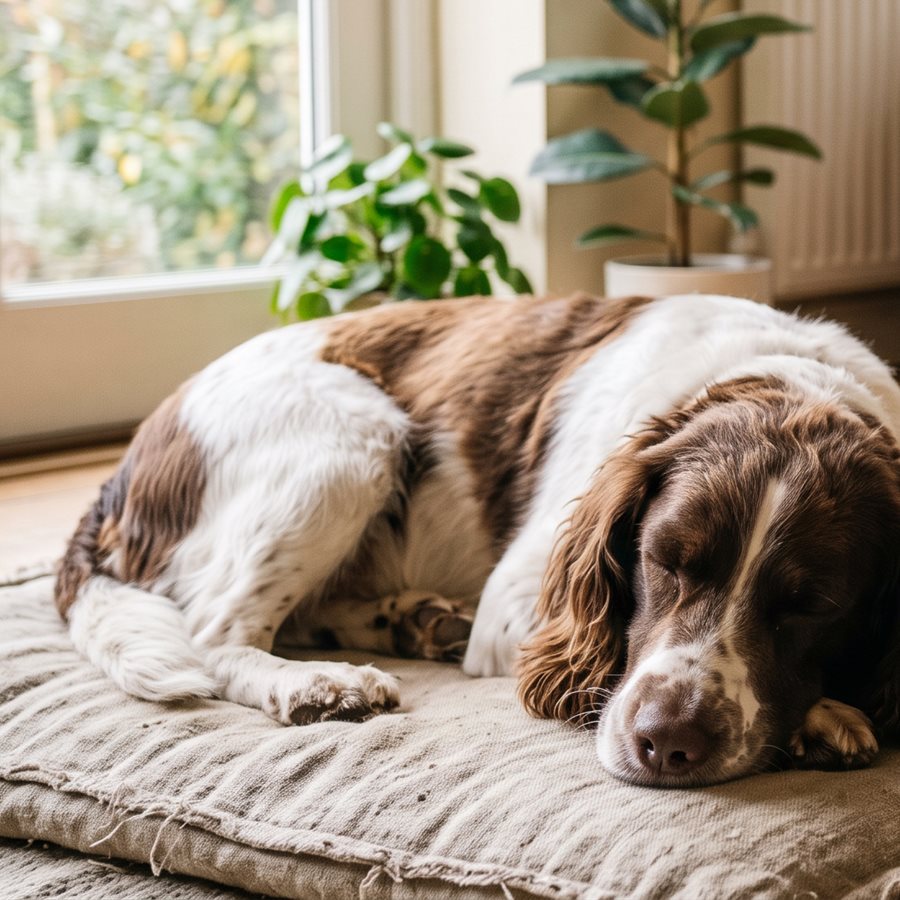 Perro spaniel adulto durmiendo en su cojín junto a la ventana