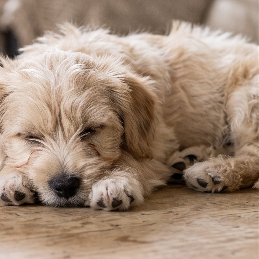 Perro de pelo largo durmiendo en el suelo de casa