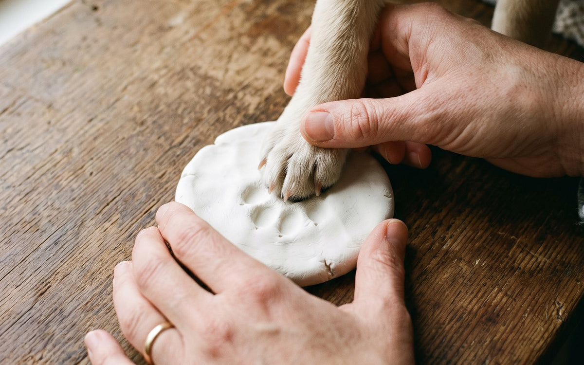 Manos presionando con cariño la pata de un perro sobre la arcilla